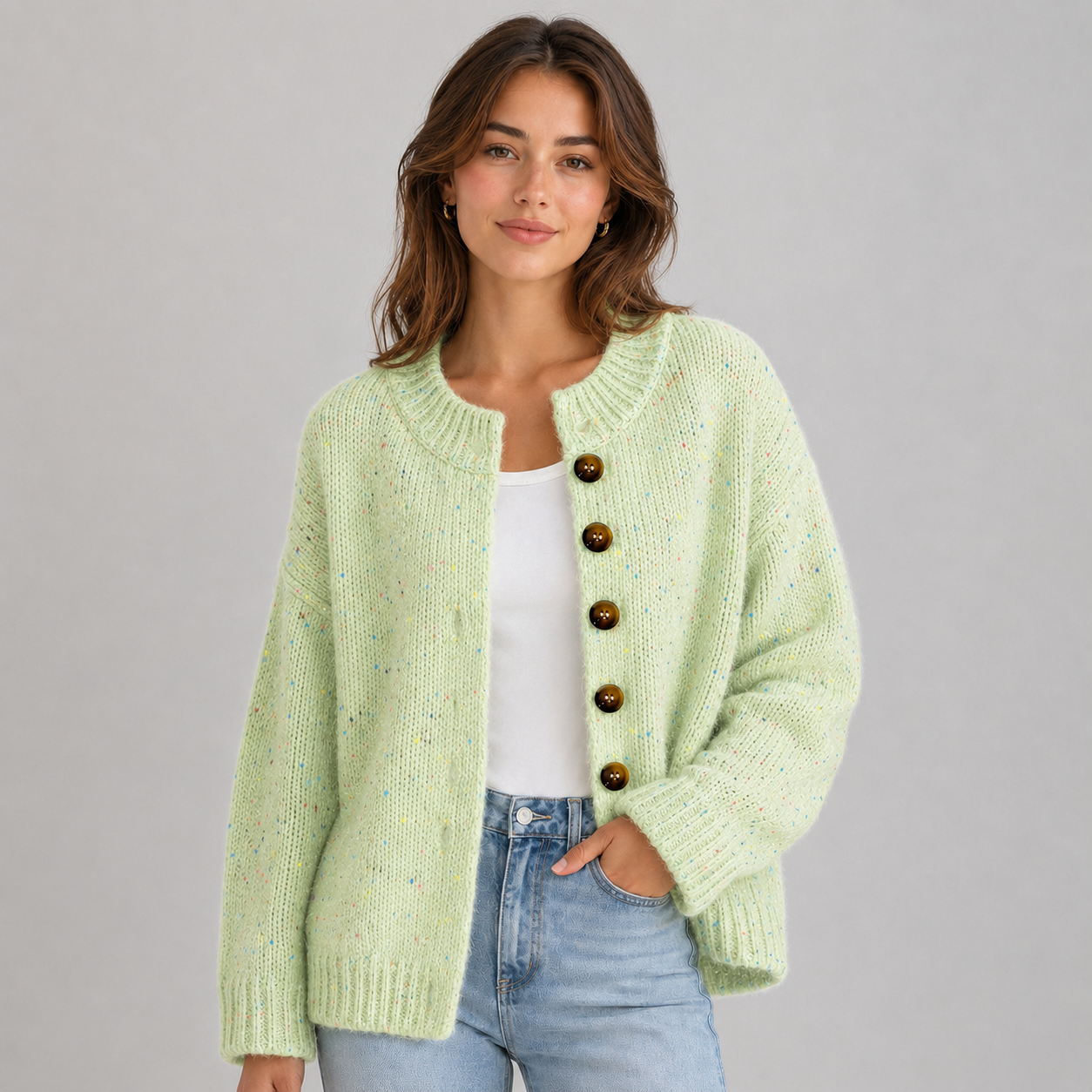 Women's Fluffy Knit Cardigan — Button Front High Stretch 5