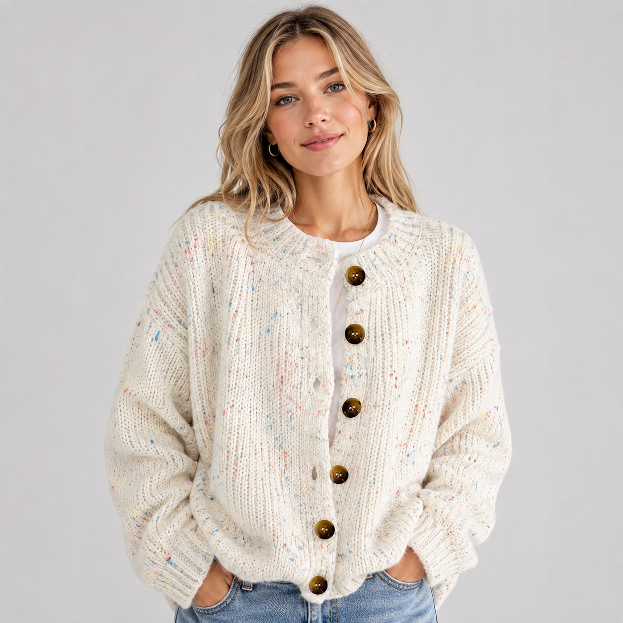 Women's Fluffy Knit Cardigan — Button Front High Stretch 13