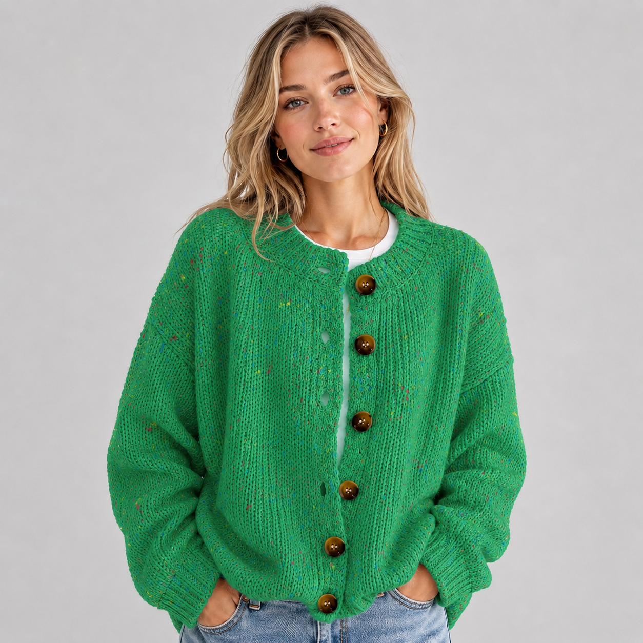 Women's Fluffy Knit Cardigan — Button Front High Stretch 4