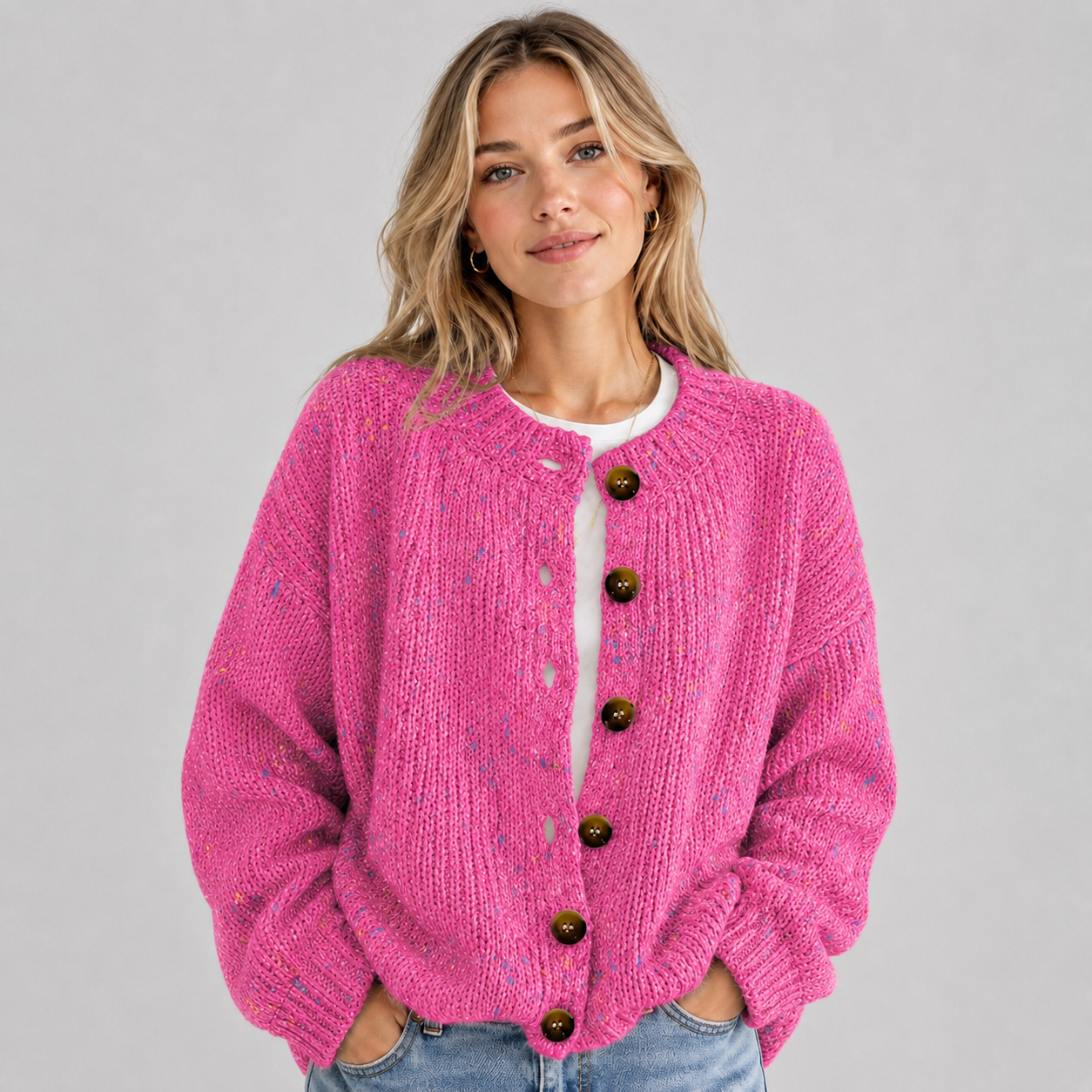 Women's Fluffy Knit Cardigan — Button Front High Stretch 7