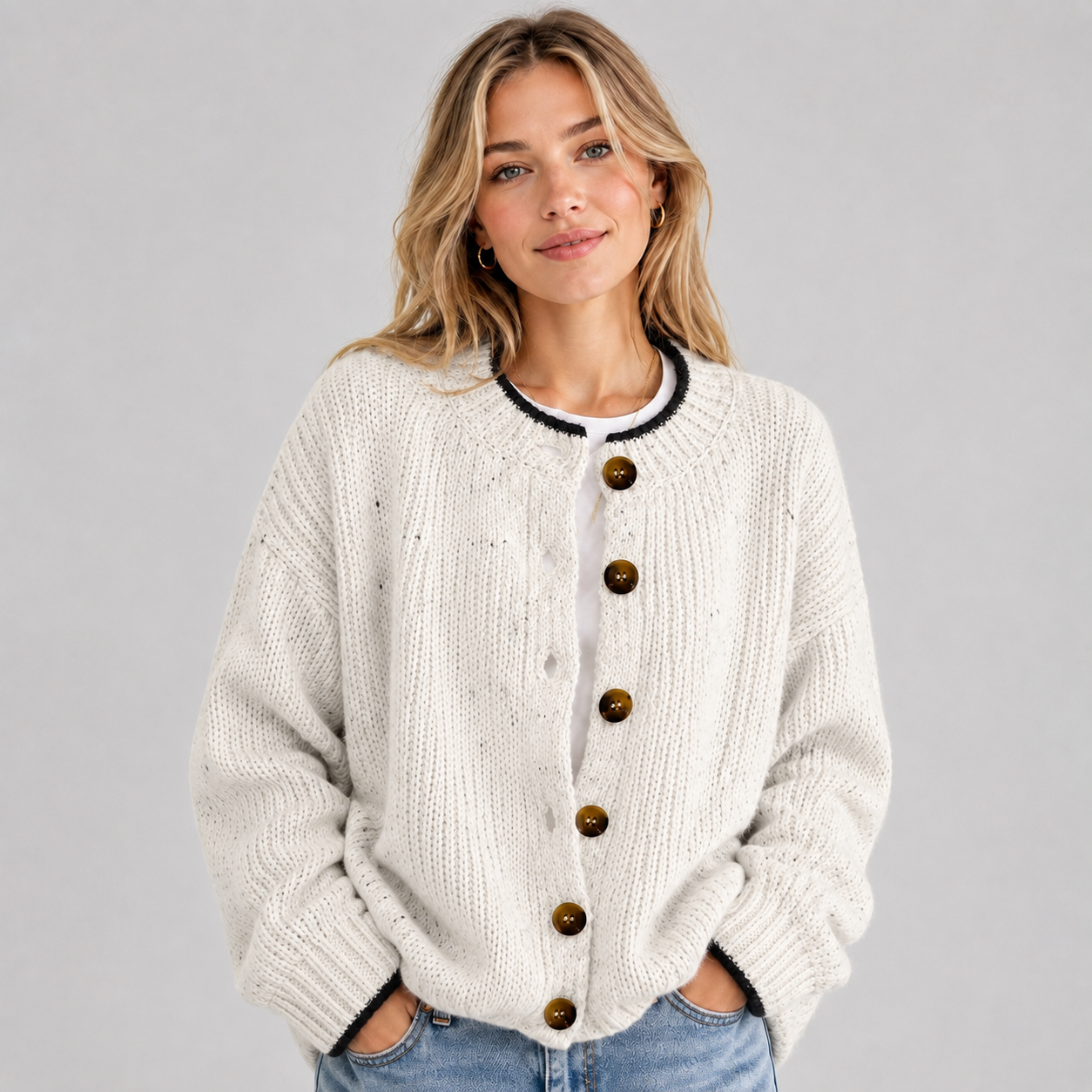Women's Fluffy Knit Cardigan — Button Front High Stretch 14