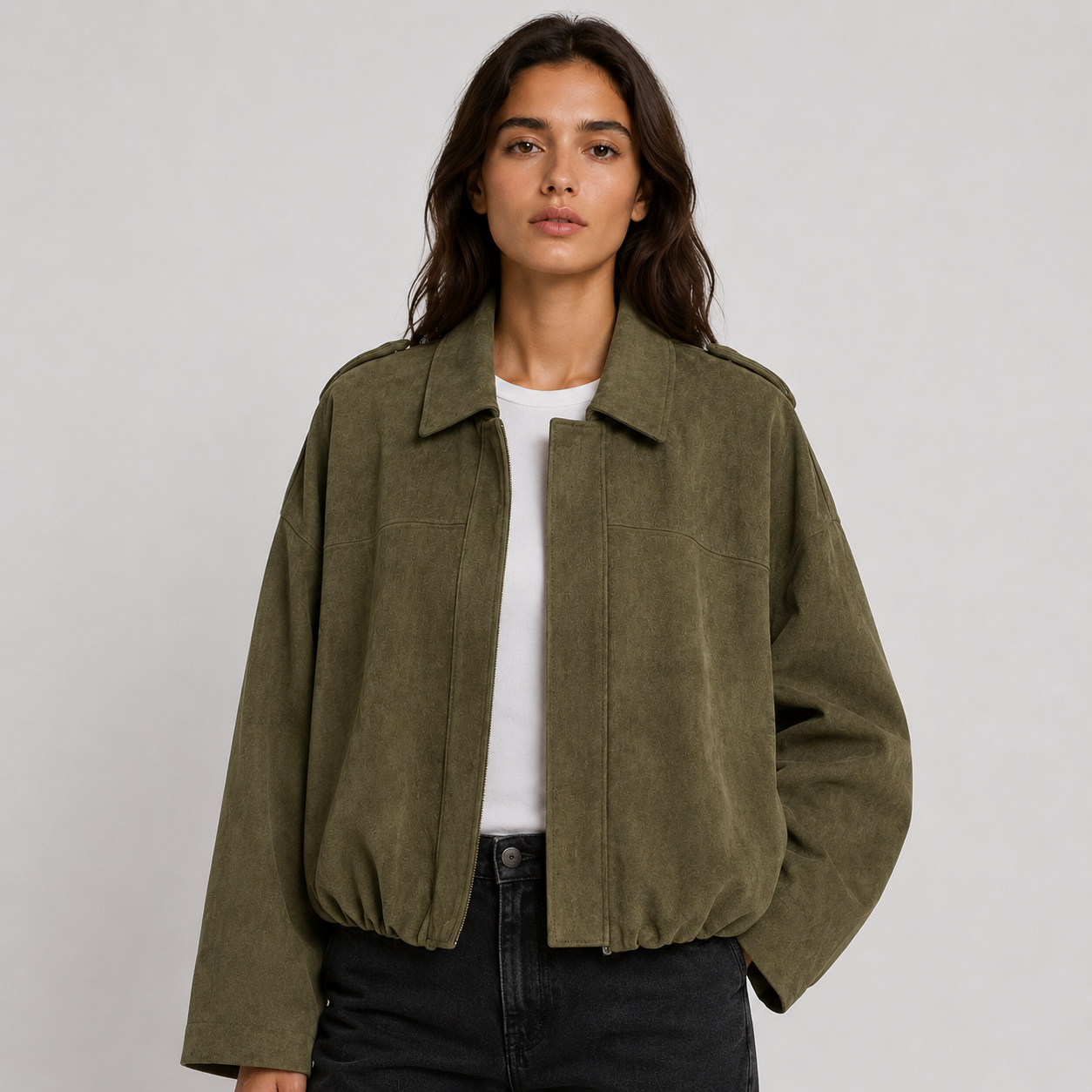Women's Faux Suede Bomber Jacket — Fold-Over Collar 1