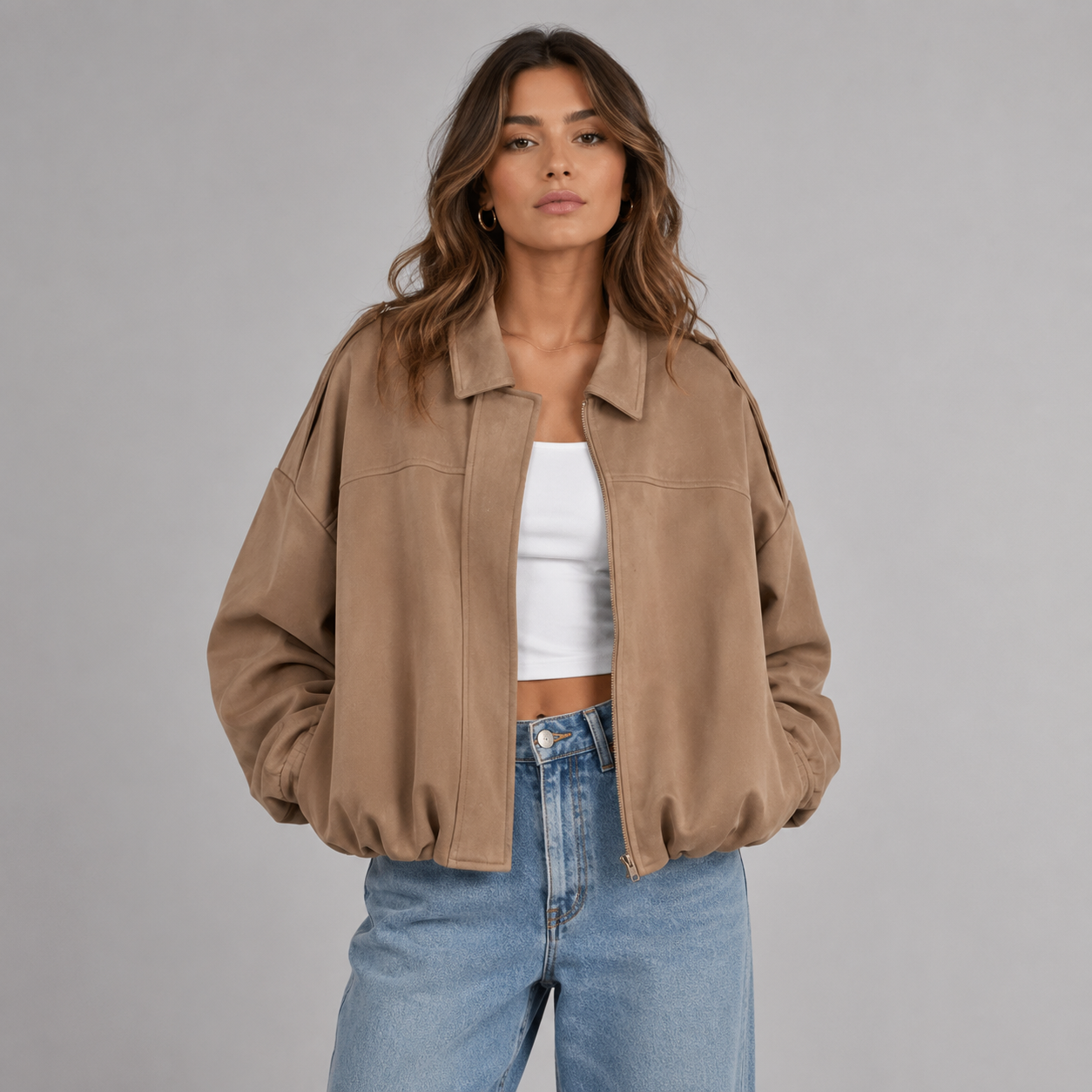 Women's Faux Suede Bomber Jacket — Fold-Over Collar 7