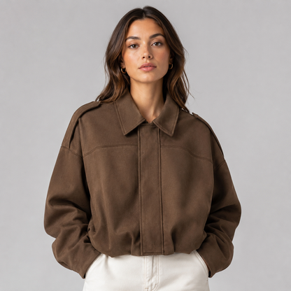Women's Faux Suede Bomber Jacket — Fold-Over Collar 4