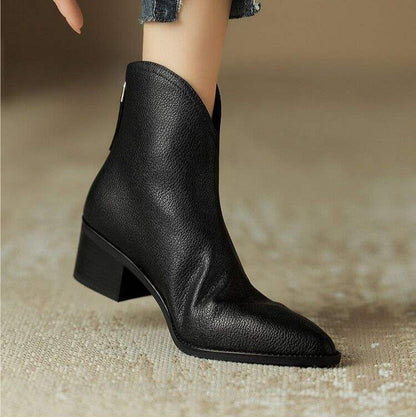 Vegan Leather Pointed Toe Ankle Boots — Slip-On Low Heel 6