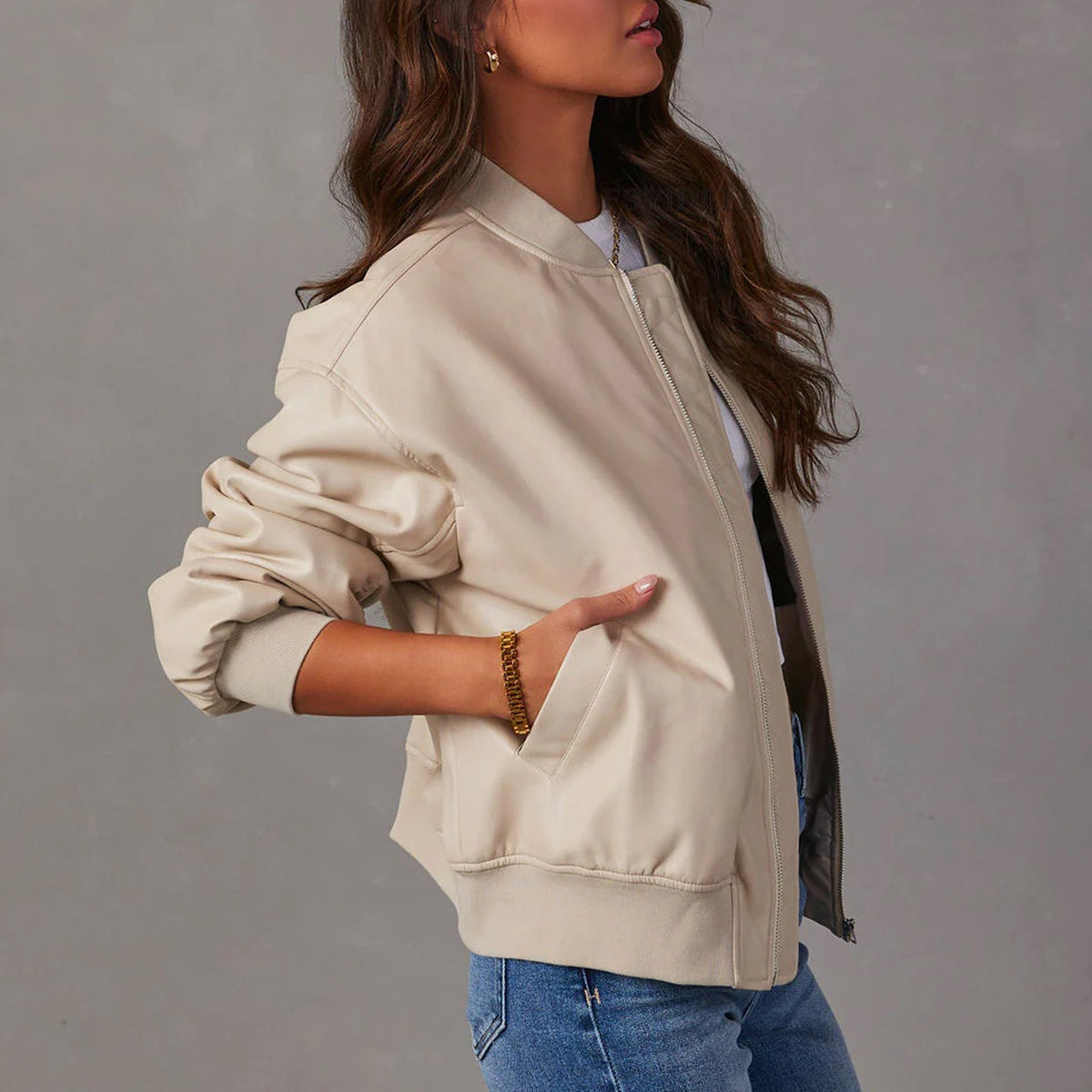 Women's Vegan Leather Bomber Jacket — Relaxed Zip-Up Fit 8