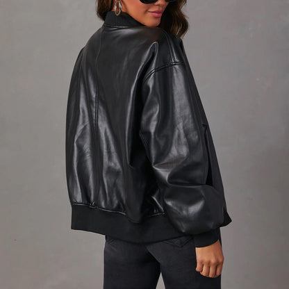 Women's Vegan Leather Bomber Jacket — Relaxed Zip-Up Fit 5