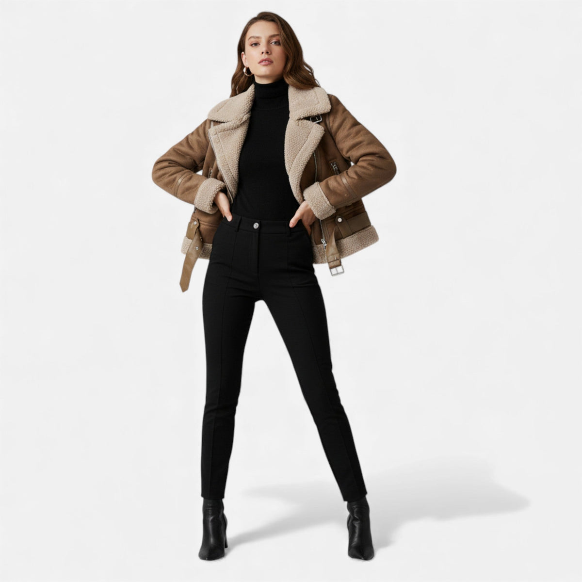 Women's Suede Lambswool Moto Jacket — Lapel Winter Coat 3