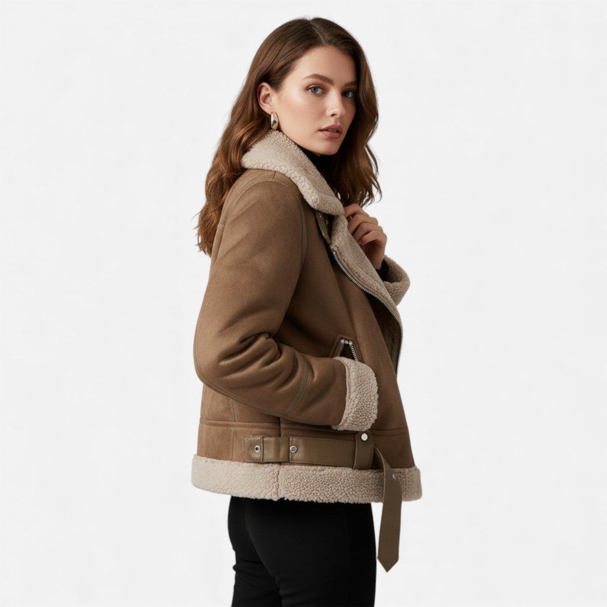 Women's Suede Lambswool Moto Jacket — Lapel Winter Coat 2