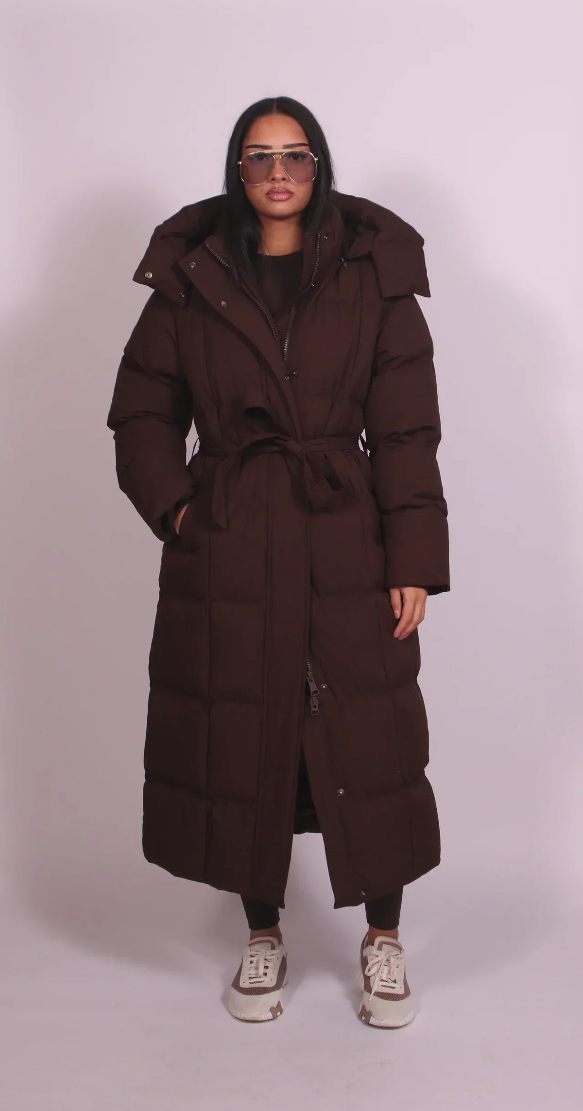 Long Belted Puffer Coat — Quilted High Collar Women's Coat 1