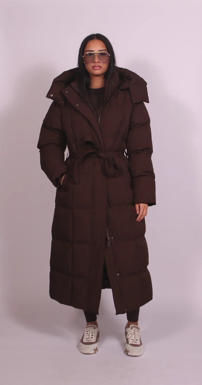 Long Belted Puffer Coat — Quilted High Collar Women's Coat 1
