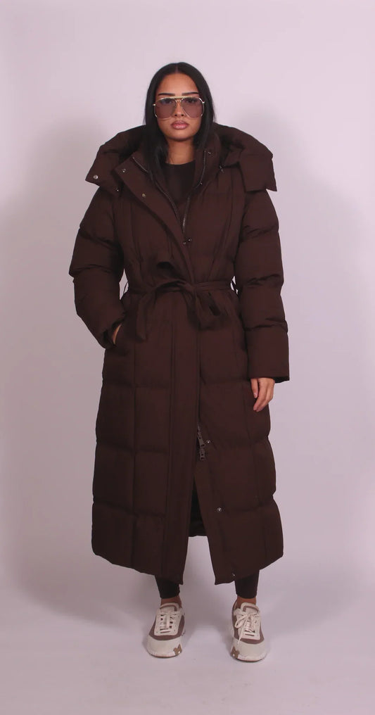 Long Belted Puffer Coat — Quilted High Collar Women's Coat 1