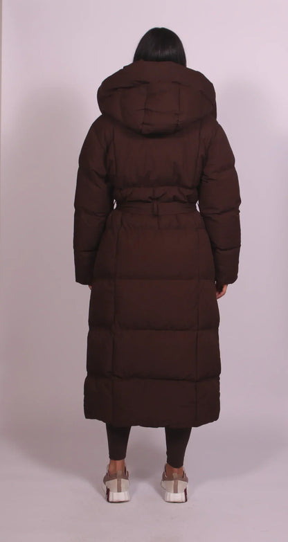 Long Belted Puffer Coat — Quilted High Collar Women's Coat 3