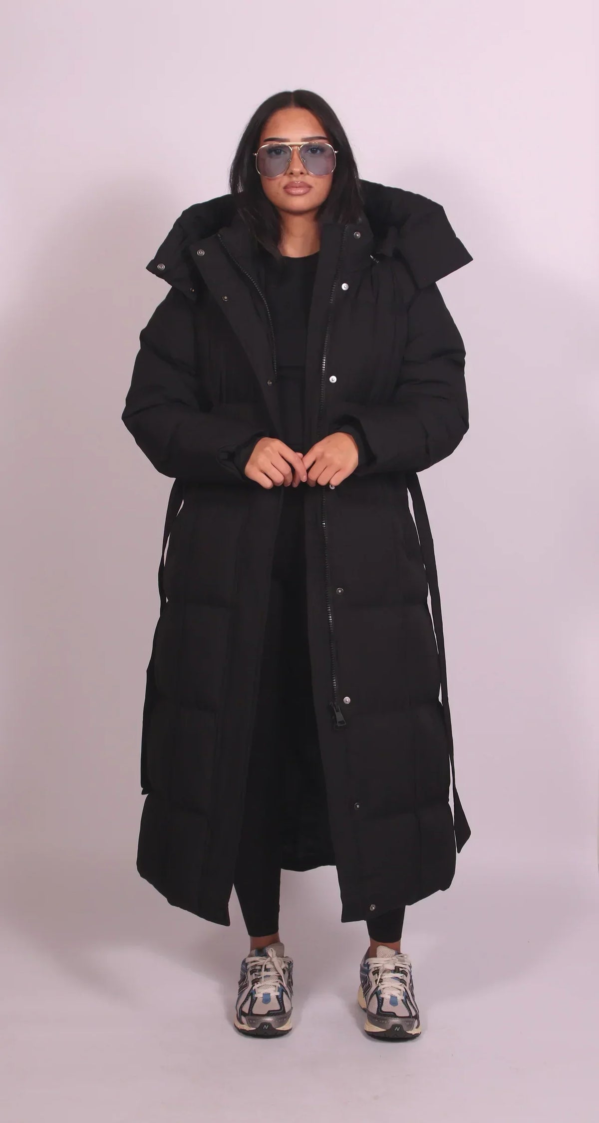 Long Belted Puffer Coat — Quilted High Collar Women's Coat 2