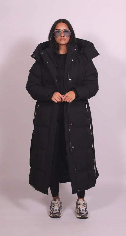 Long Belted Puffer Coat — Quilted High Collar Women's Coat 2
