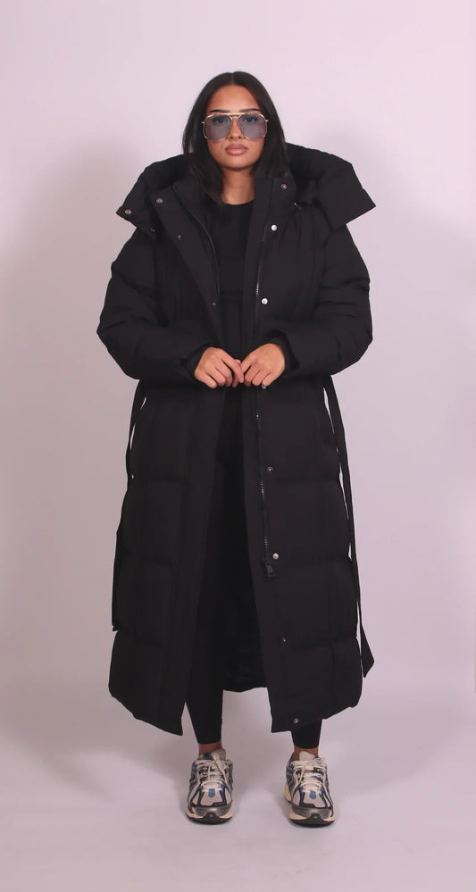 Long Belted Puffer Coat — Quilted High Collar Women's Coat 2