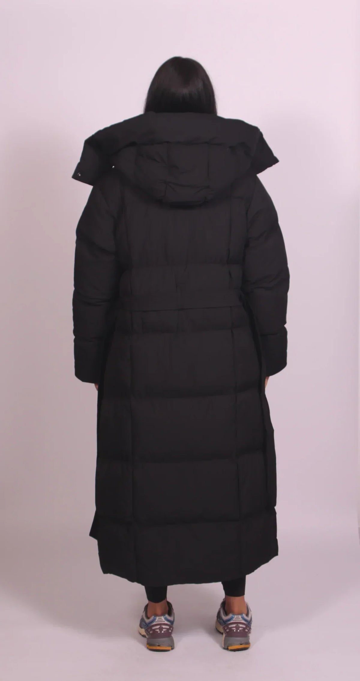 Long Belted Puffer Coat — Quilted High Collar Women's Coat 4