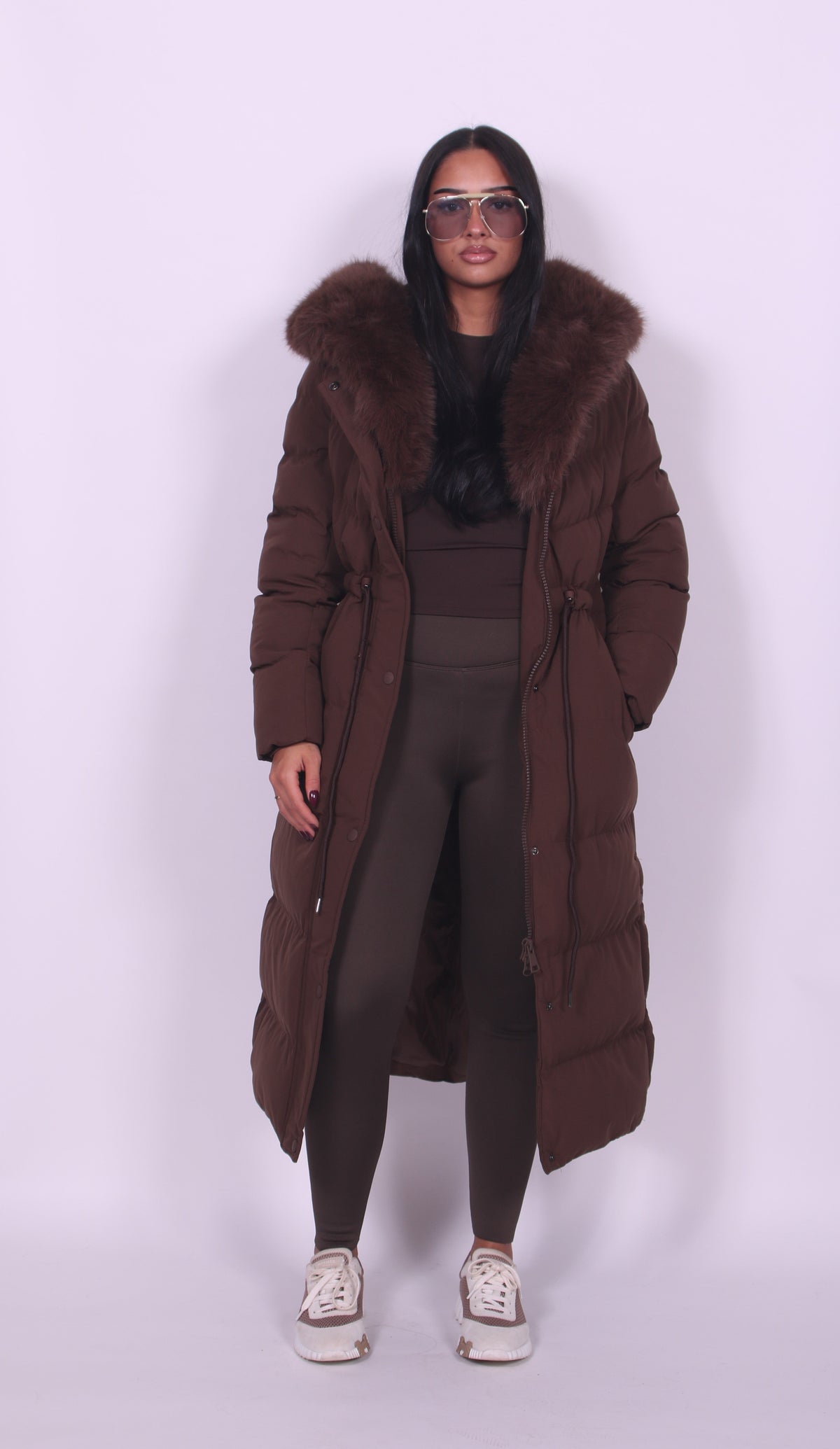 Fur Hooded Longline Winter Coat — Adjustable Waist Fit 1