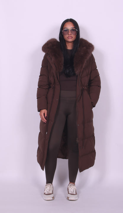 Fur Hooded Longline Winter Coat — Adjustable Waist Fit 1