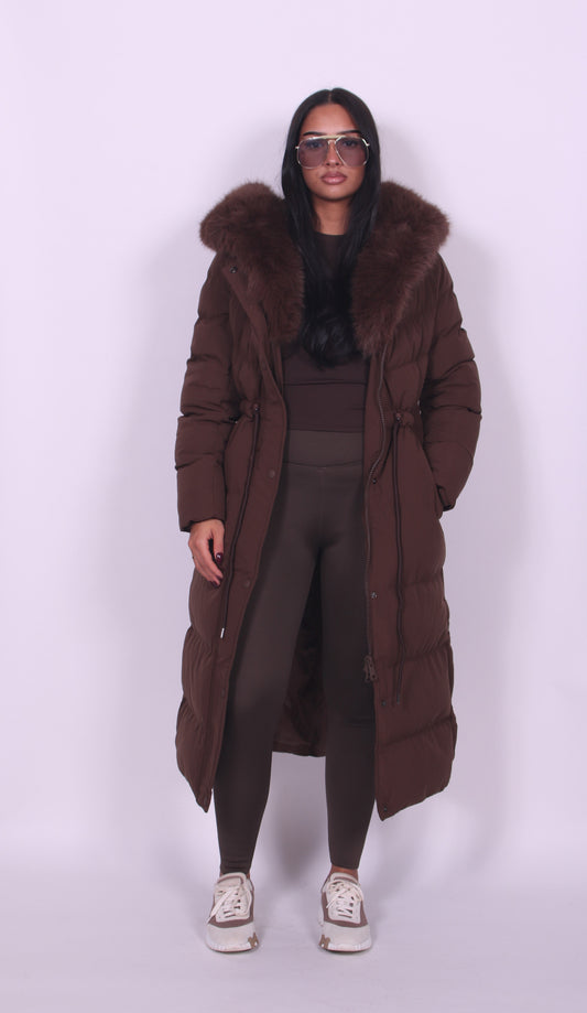 Fur Hooded Longline Winter Coat — Adjustable Waist Fit 1