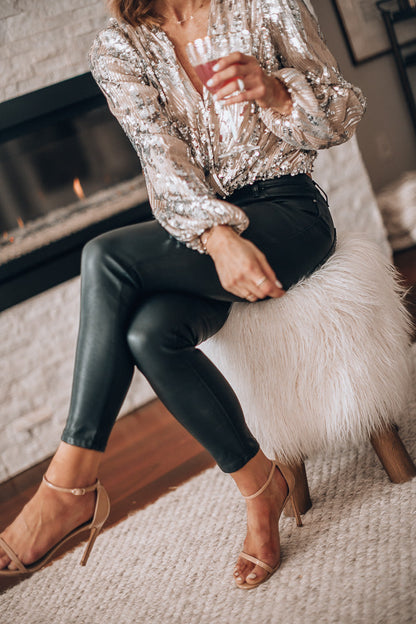 Sequin Long Sleeve Blouse — Deep V-Neck Women's Party Top 5