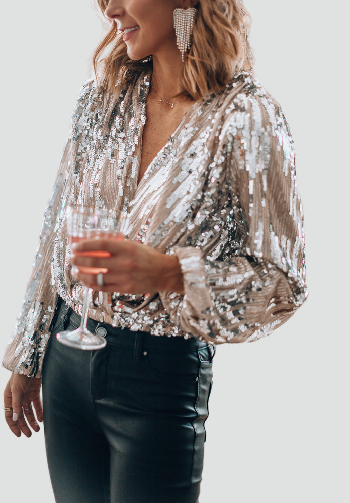 Sequin Long Sleeve Blouse — Deep V-Neck Women's Party Top 1
