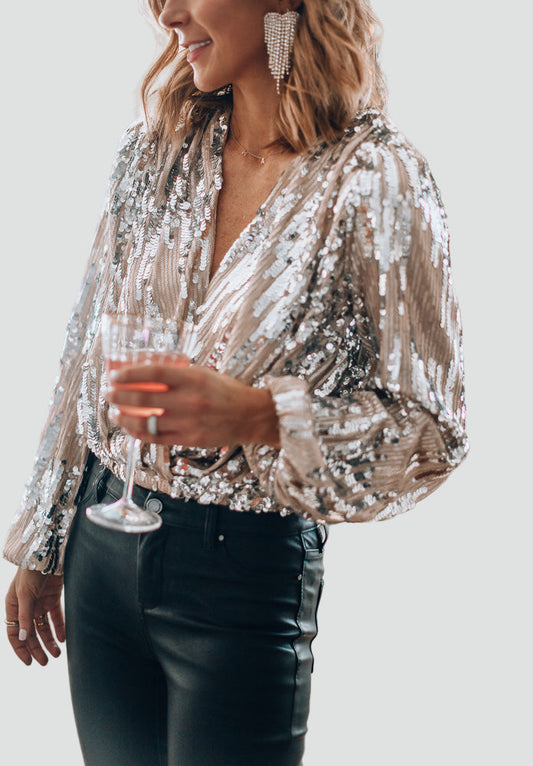 Sequin Long Sleeve Blouse — Deep V-Neck Women's Party Top 1