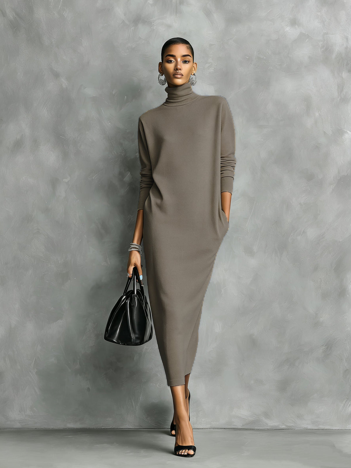 Knitted Turtleneck Midi Dress — Long Sleeve Loose Fit 6