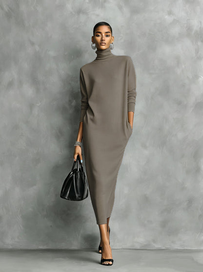 Knitted Turtleneck Midi Dress — Long Sleeve Loose Fit 6