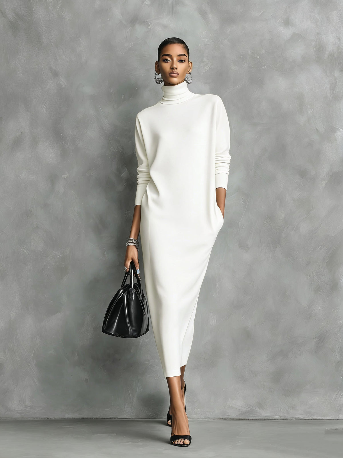 Knitted Turtleneck Midi Dress — Long Sleeve Loose Fit 7