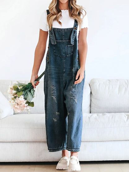 Distressed Denim Overalls — Wide Leg Relaxed Fit Women 8