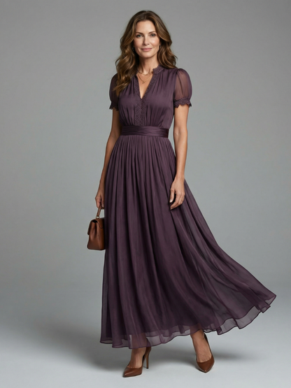 Pleated Waist Maxi Dress — Sheer Sleeves & V Neckline 1