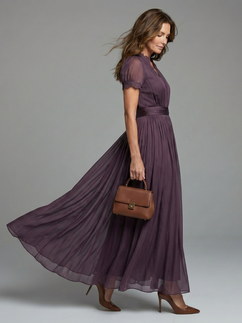 Pleated Waist Maxi Dress — Sheer Sleeves & V Neckline 2