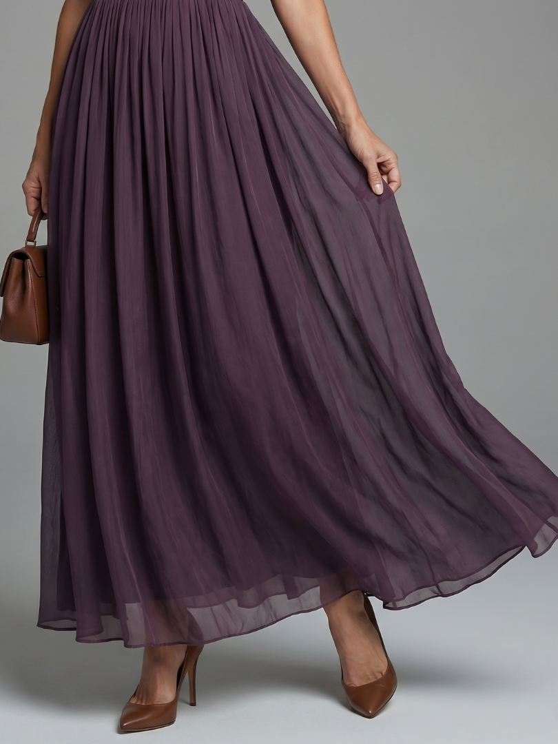Pleated Waist Maxi Dress — Sheer Sleeves & V Neckline 3