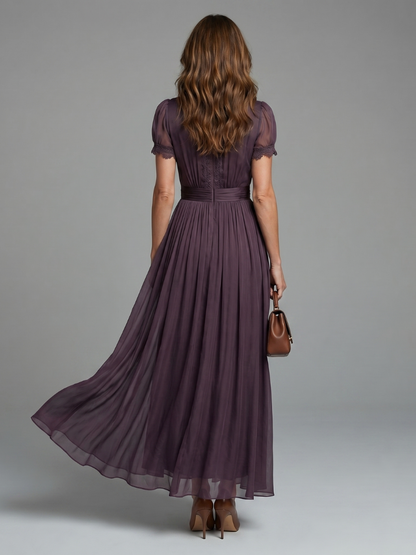 Pleated Waist Maxi Dress — Sheer Sleeves & V Neckline 4