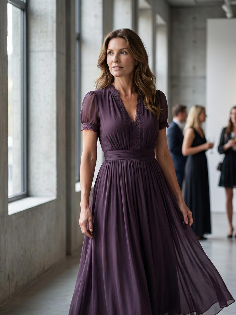 Pleated Waist Maxi Dress — Sheer Sleeves & V Neckline 5