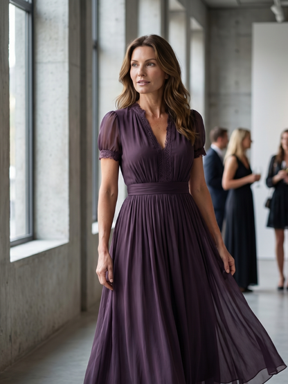 Pleated Waist Maxi Dress — Sheer Sleeves & V Neckline 5