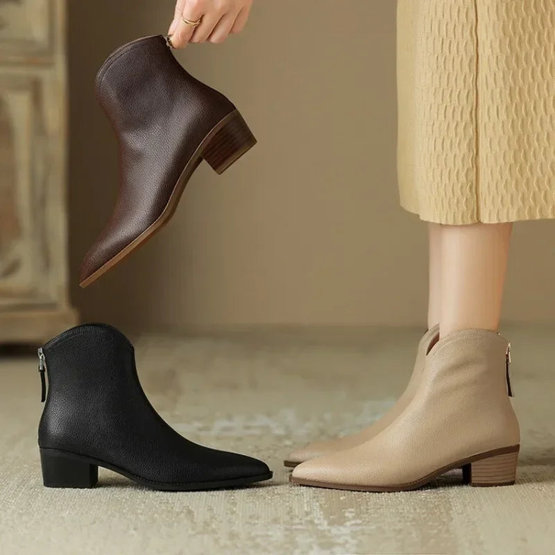 Vegan Leather Pointed Toe Ankle Boots — Slip-On Low Heel 13