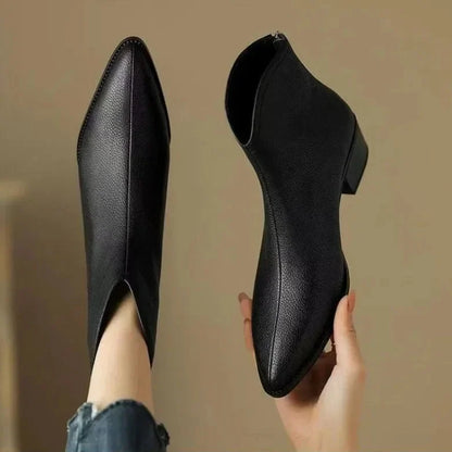 Vegan Leather Pointed Toe Ankle Boots — Slip-On Low Heel 7