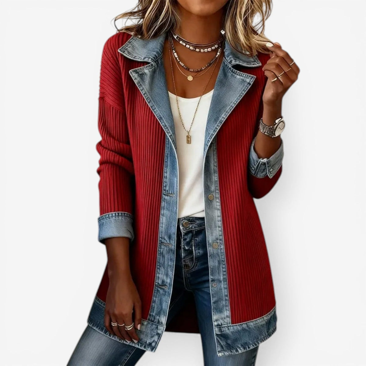 Layered Collar Button Jacket — Mixed Knit & Denim Style 5