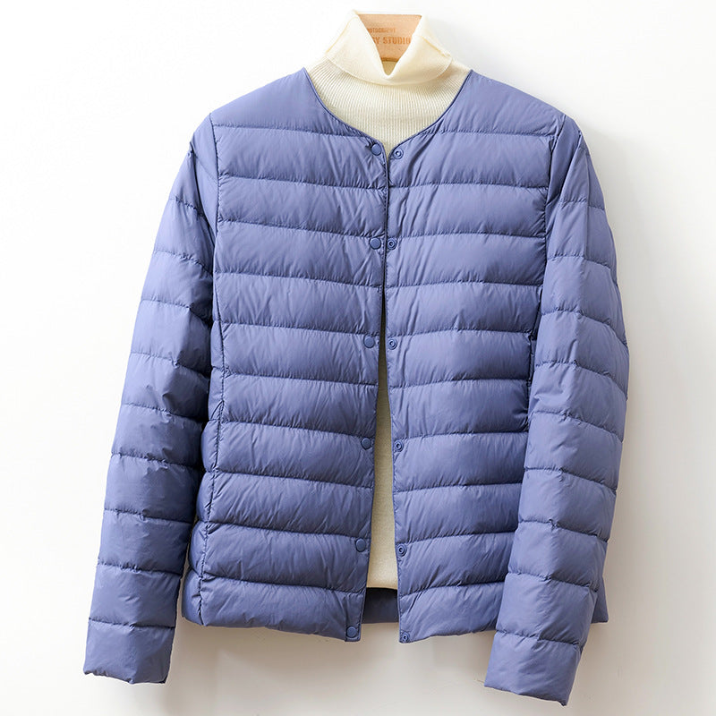 Lightweight Down Puff Jacket — Collarless Snap-Button Coat 4