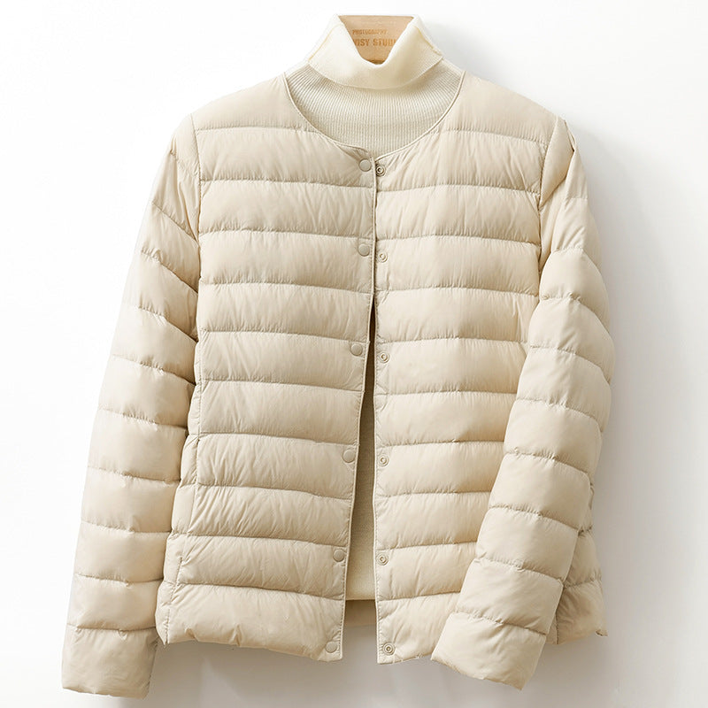 Lightweight Down Puff Jacket — Collarless Snap-Button Coat 2