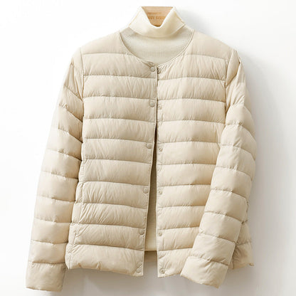 Lightweight Down Puff Jacket — Collarless Snap-Button Coat 2