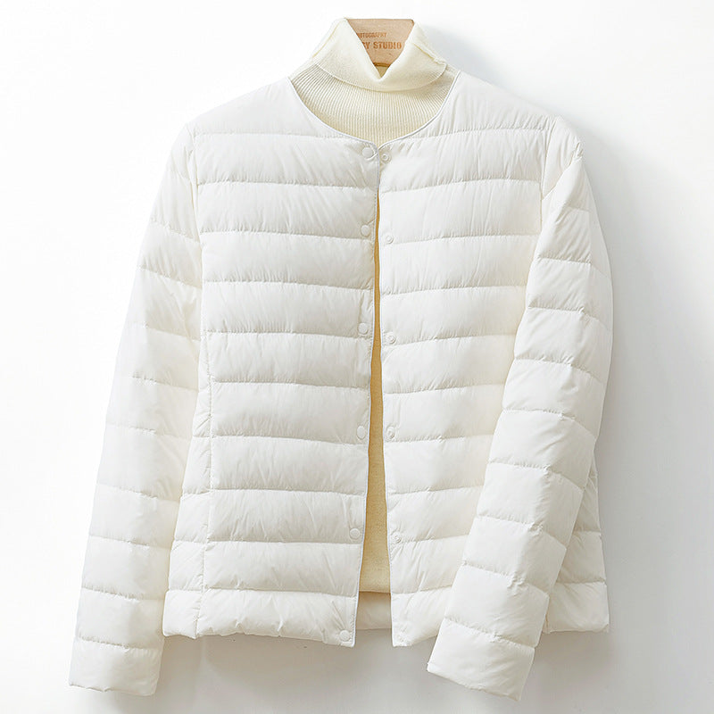 Lightweight Down Puff Jacket — Collarless Snap-Button Coat 9