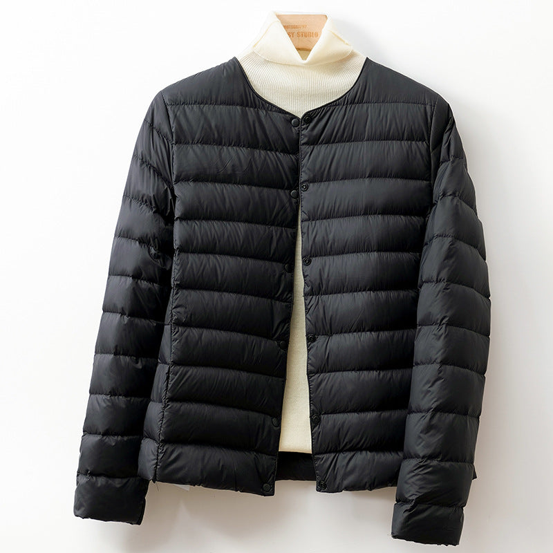 Lightweight Down Puff Jacket — Collarless Snap-Button Coat 10
