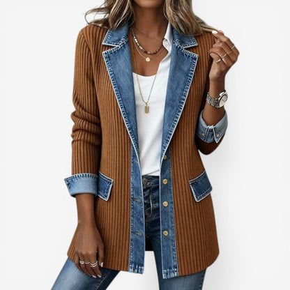Layered Collar Button Jacket — Mixed Knit & Denim Style 4