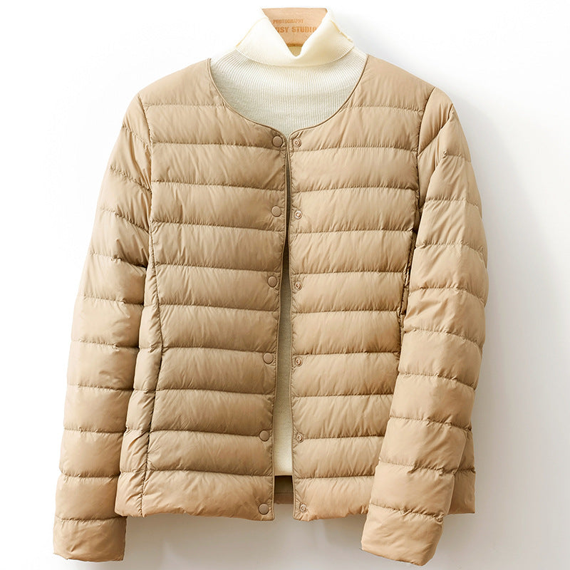 Lightweight Down Puff Jacket — Collarless Snap-Button Coat 3