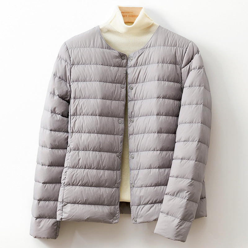 Lightweight Down Puff Jacket — Collarless Snap-Button Coat 6