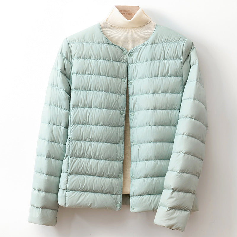 Lightweight Down Puff Jacket — Collarless Snap-Button Coat 5