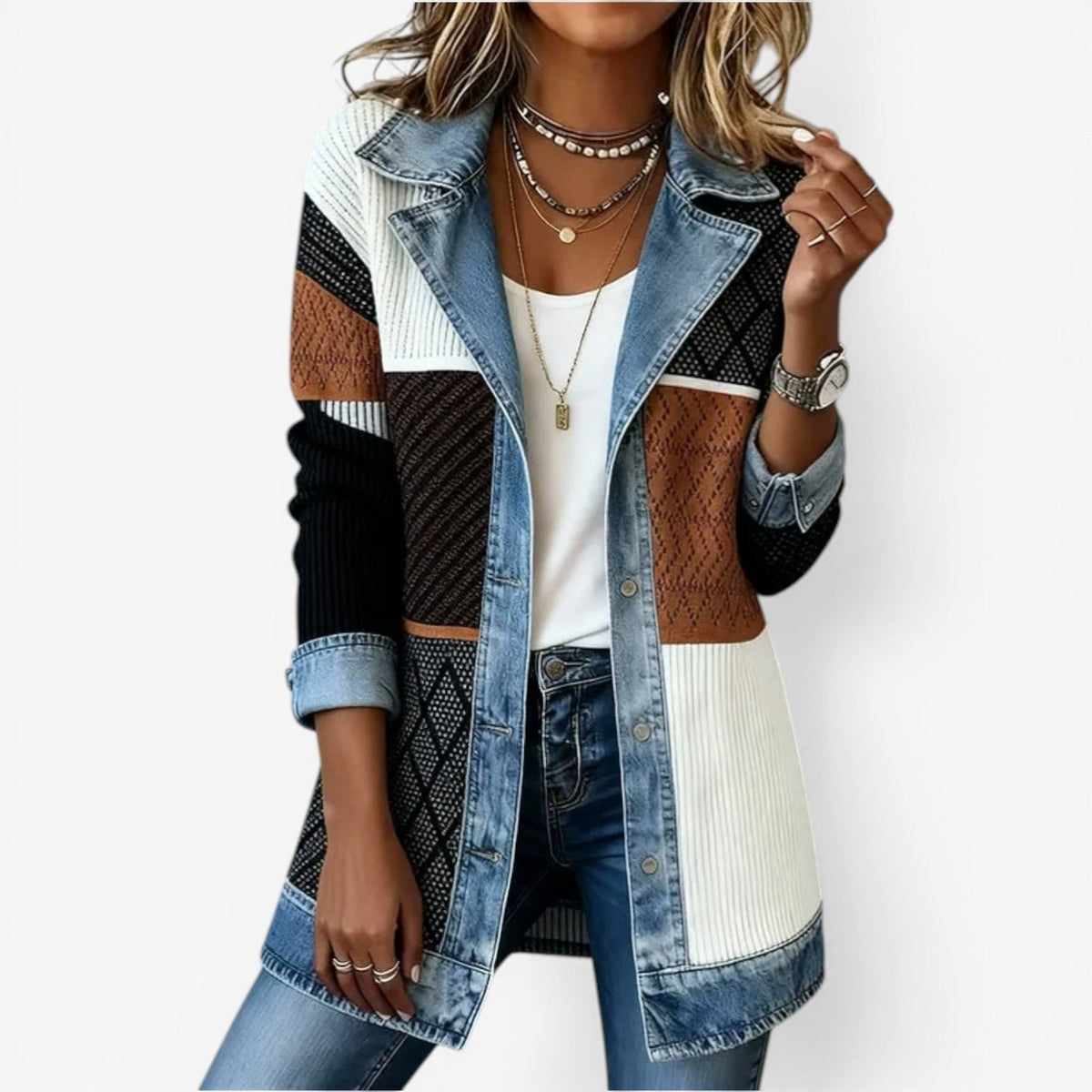 Layered Collar Button Jacket — Mixed Knit & Denim Style 3